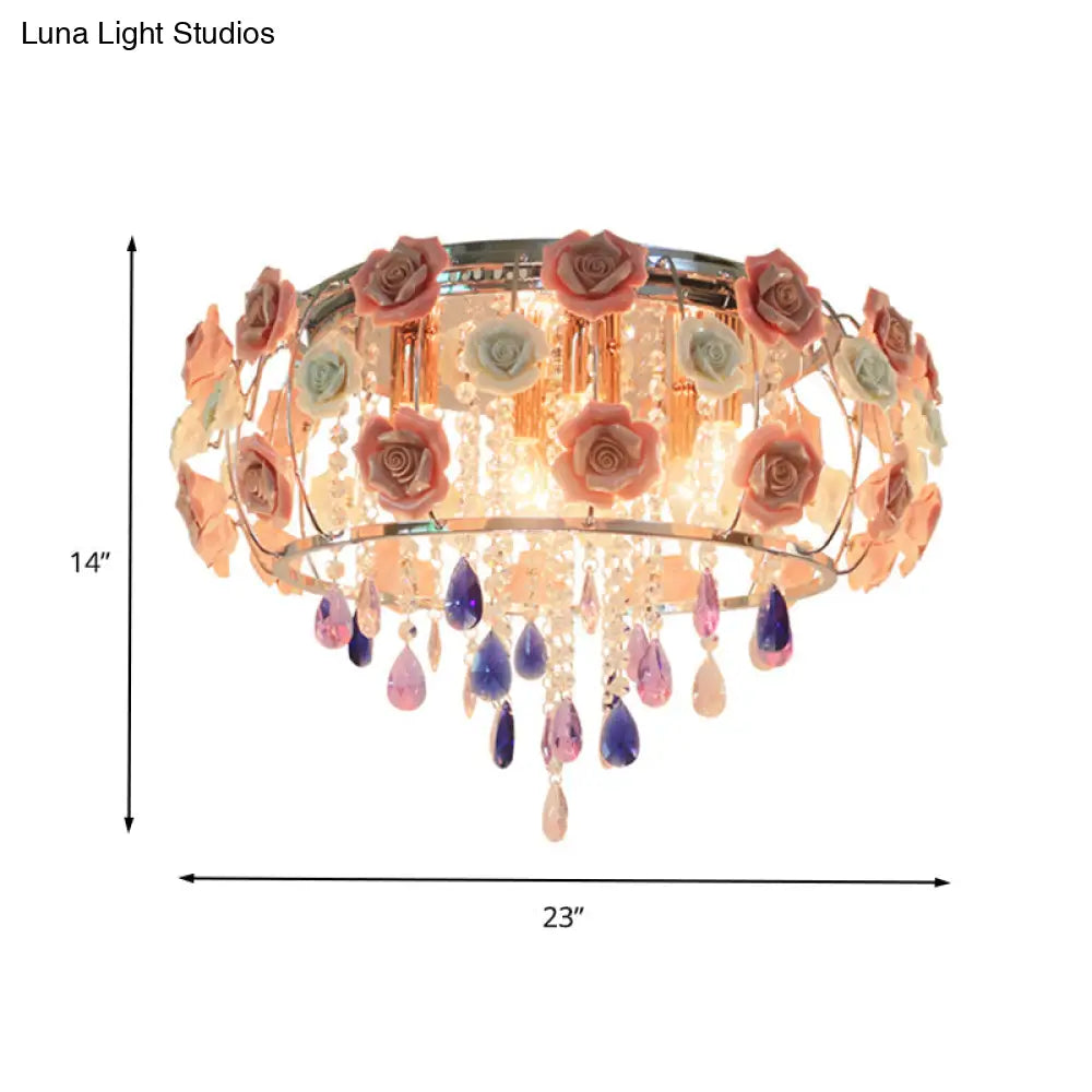 Traditional Crystal Flush Mount Light With Pink Drum Shade - 6/8 Bulbs Bedroom Close To Ceiling Lamp