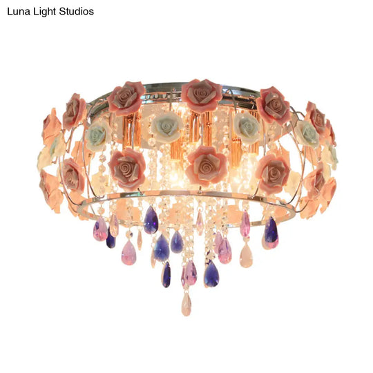 Traditional Crystal Flush Mount Light With Pink Drum Shade - 6/8 Bulbs Bedroom Close To Ceiling Lamp