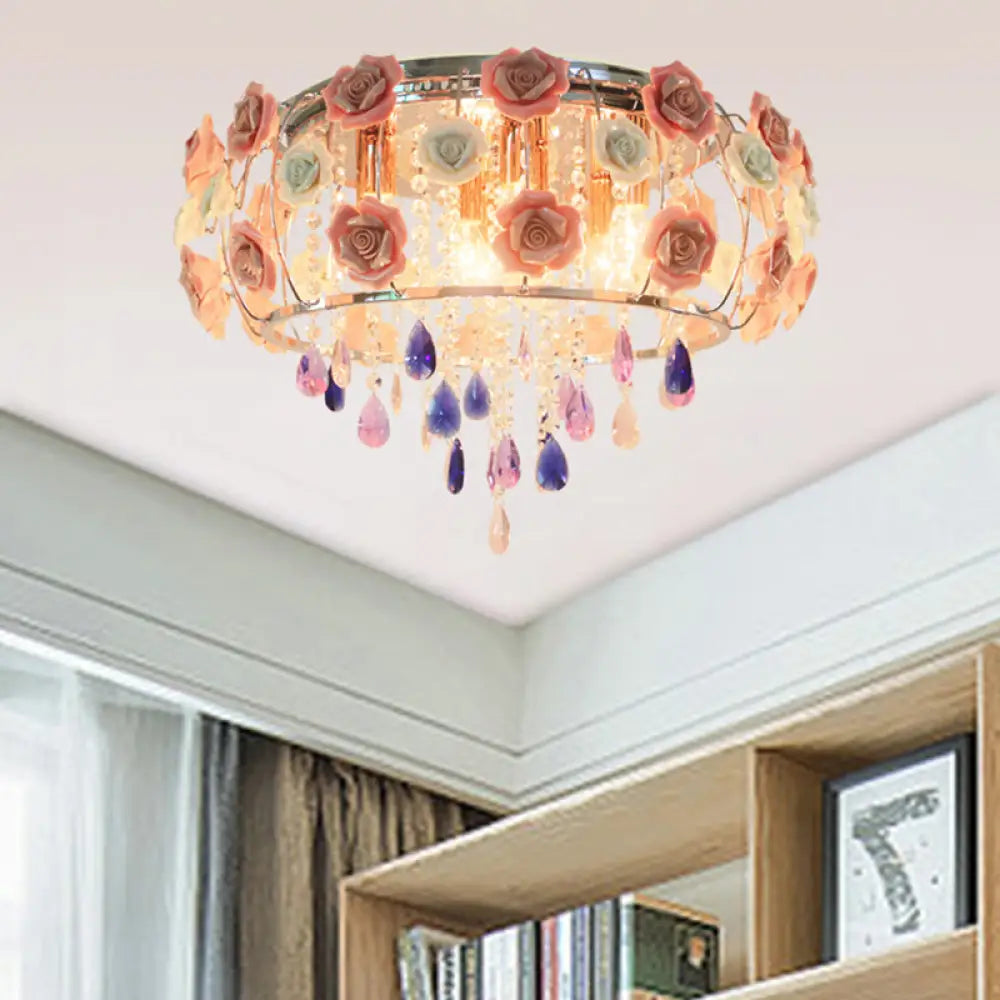 Traditional Crystal Flush Mount Light With Pink Drum Shade - 6/8 Bulbs Bedroom Close To Ceiling