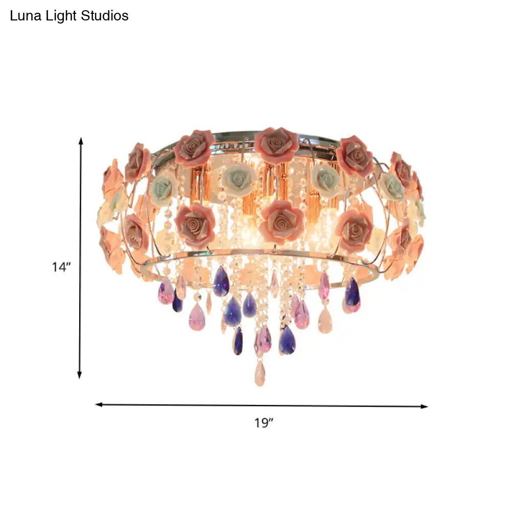 Traditional Crystal Flush Mount Light With Pink Drum Shade - 6/8 Bulbs Bedroom Close To Ceiling Lamp