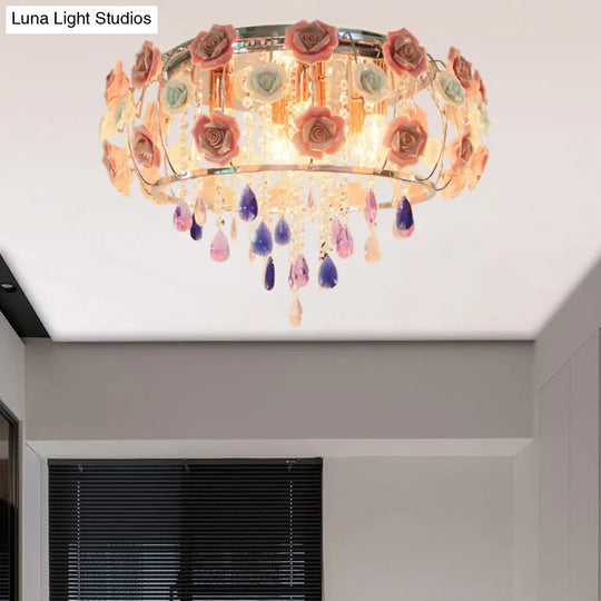 Traditional Crystal Flush Mount Light With Pink Drum Shade - 6/8 Bulbs Bedroom Close To Ceiling Lamp