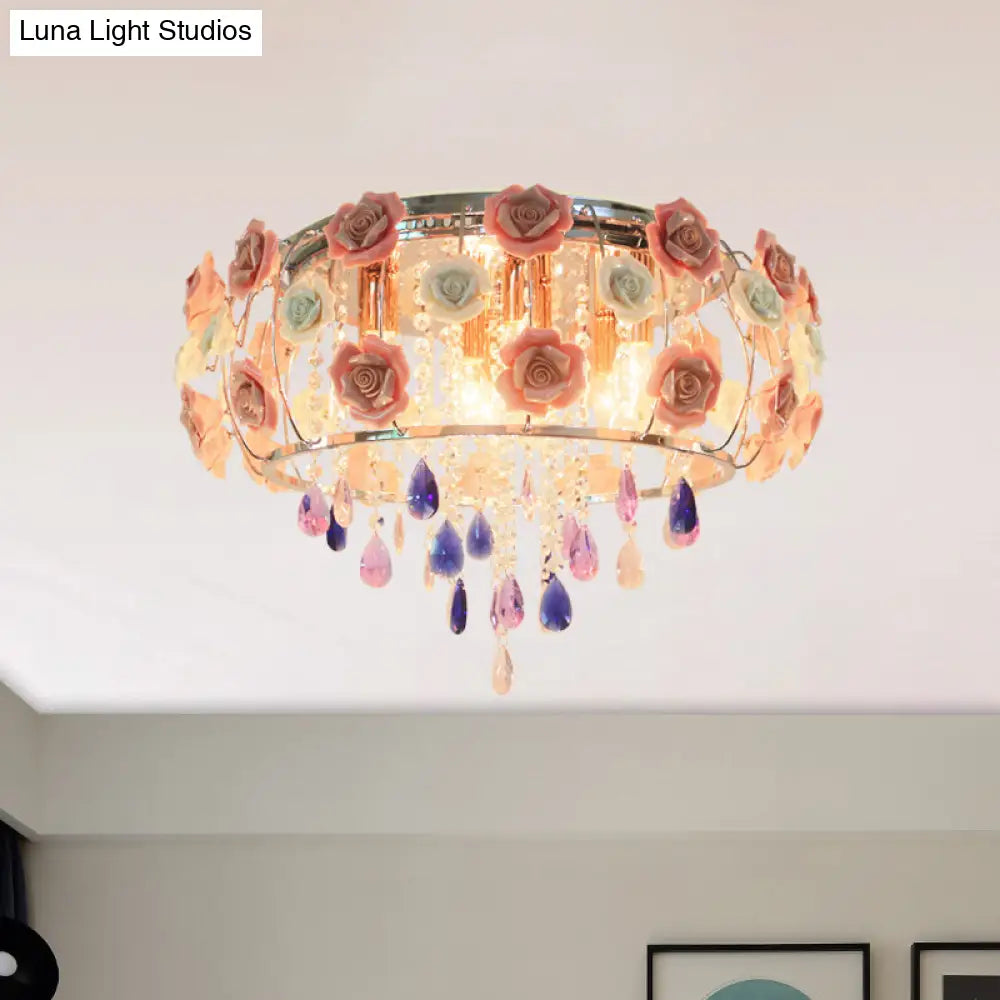 Traditional Crystal Flush Mount Light With Pink Drum Shade - 6/8 Bulbs Bedroom Close To Ceiling Lamp