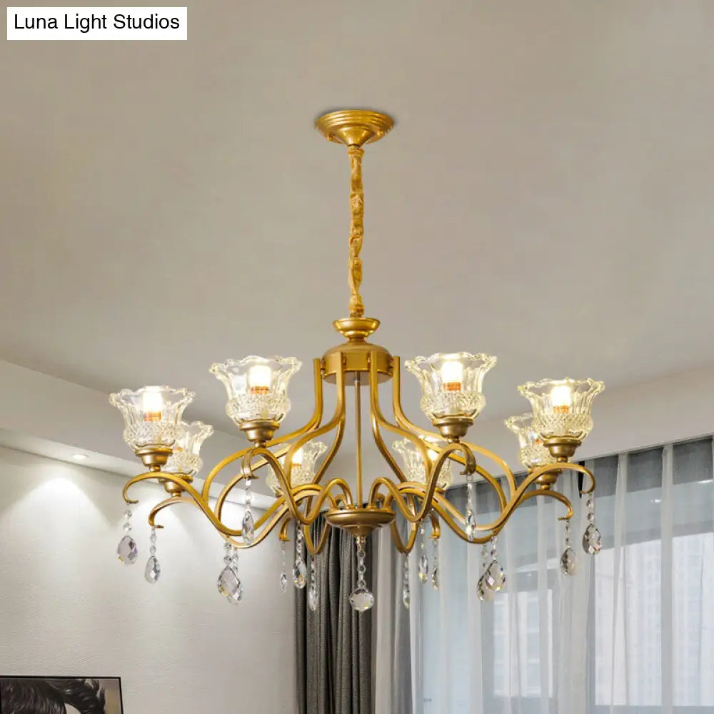 Traditional Crystal Glass Floral Shade Chandelier - Elegant Gold Ceiling Lamp With 3/6/8 Lights