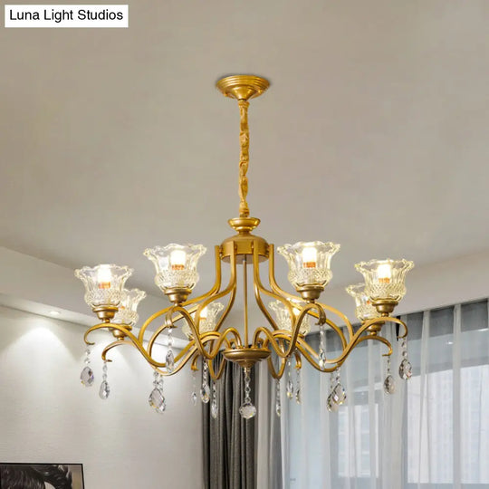 Traditional Crystal Glass Floral Shade Chandelier - Elegant Gold Ceiling Lamp With 3/6/8 Lights