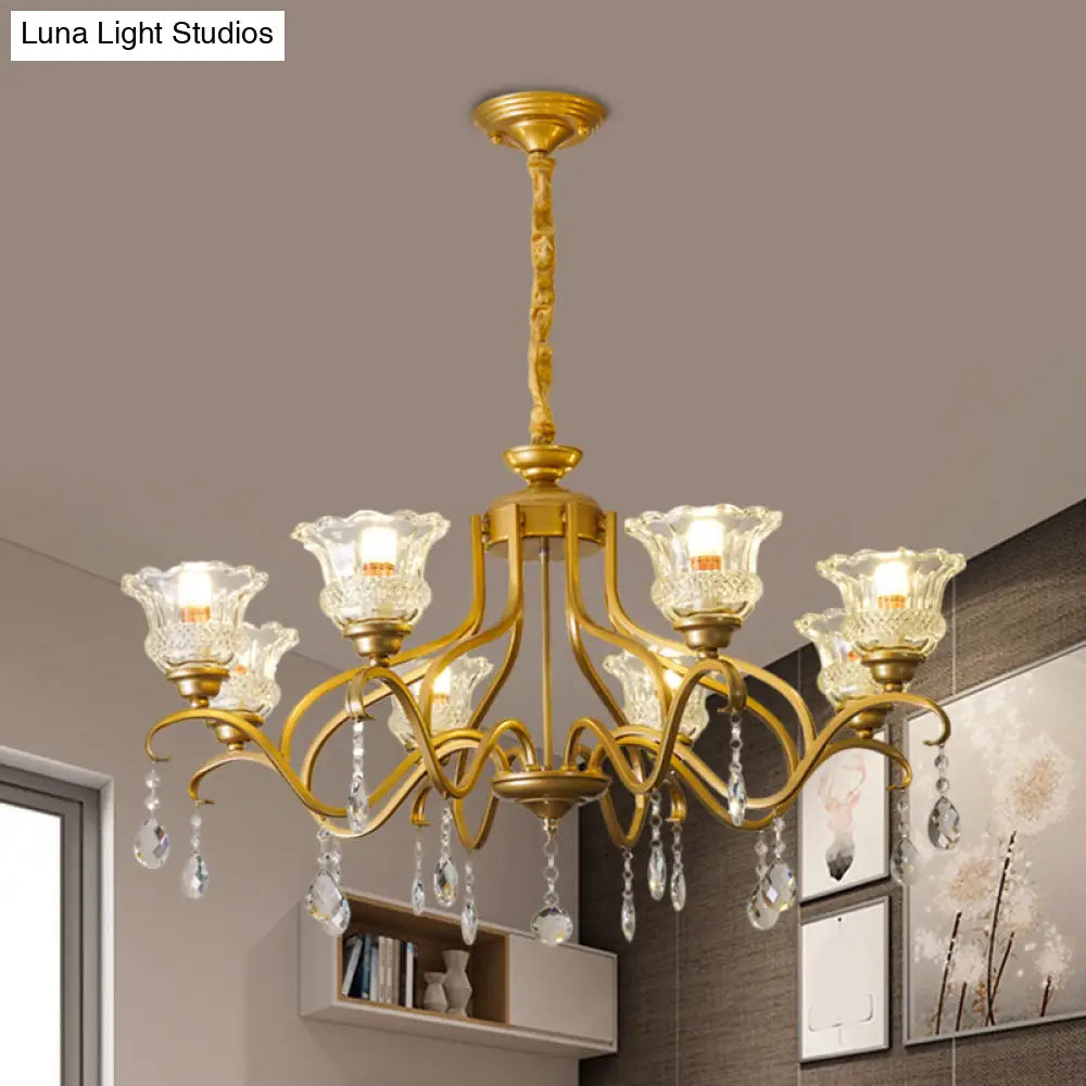 Traditional Crystal Glass Chandelier With Gold Finish - 3/6/8 Lights Floral Shade Elegant