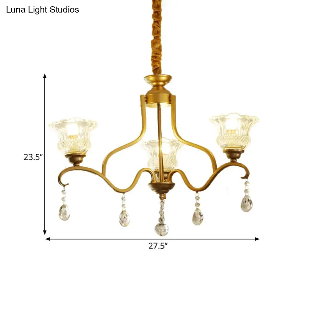 Traditional Crystal Glass Floral Shade Chandelier - Elegant Gold Ceiling Lamp With 3/6/8 Lights