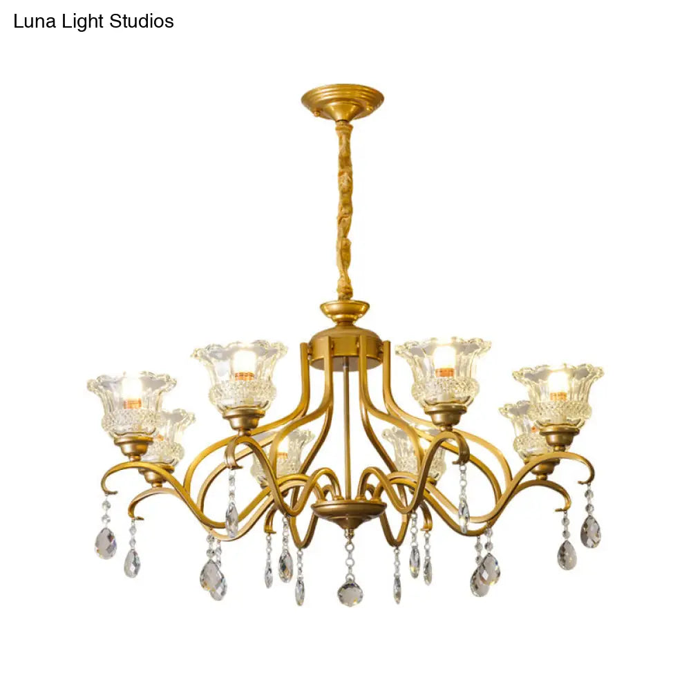 Traditional Crystal Glass Floral Shade Chandelier - Elegant Gold Ceiling Lamp With 3/6/8 Lights