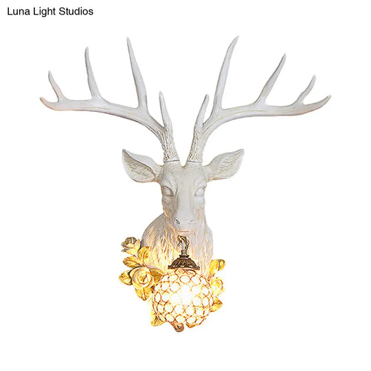 Traditional Crystal Globe Sconce Light - Wall Mounted Lamp In White/Gold With Deer Resin Deco