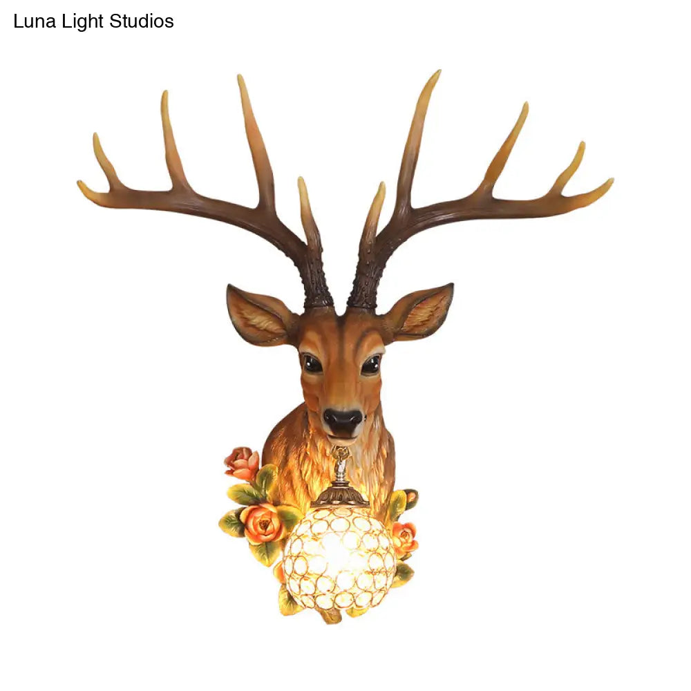 Traditional Crystal Globe Sconce Light - Wall Mounted Lamp In White/Gold With Deer Resin Deco