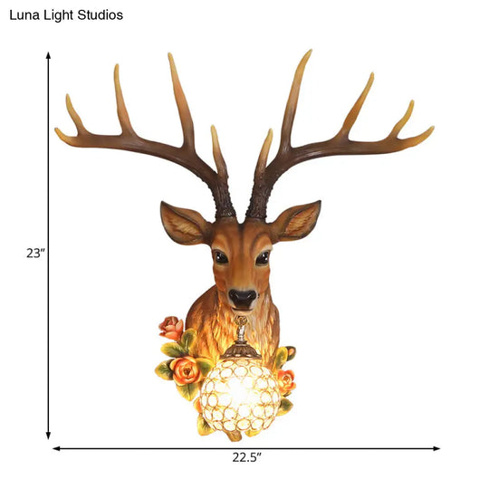 Traditional Crystal Globe Sconce Light - Wall Mounted Lamp In White/Gold With Deer Resin Deco