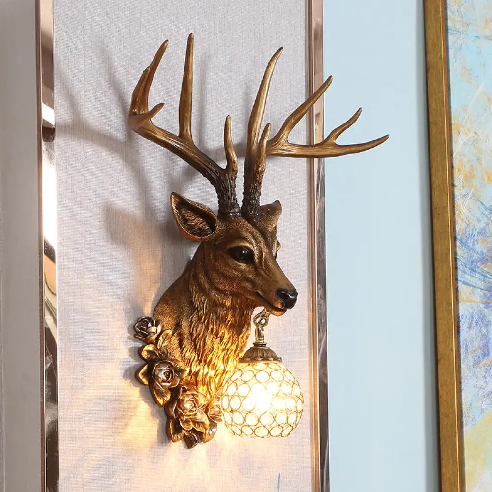 Traditional Crystal Globe Sconce Light - Wall Mounted Lamp In White/Gold With Deer Resin Deco Gold