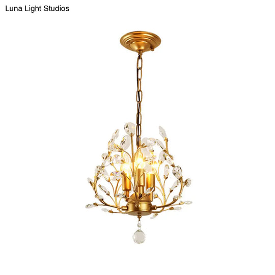 Traditional Crystal Leaves Chandelier: Elegant 3-Bulb Pendant Light For Dining Room Gold