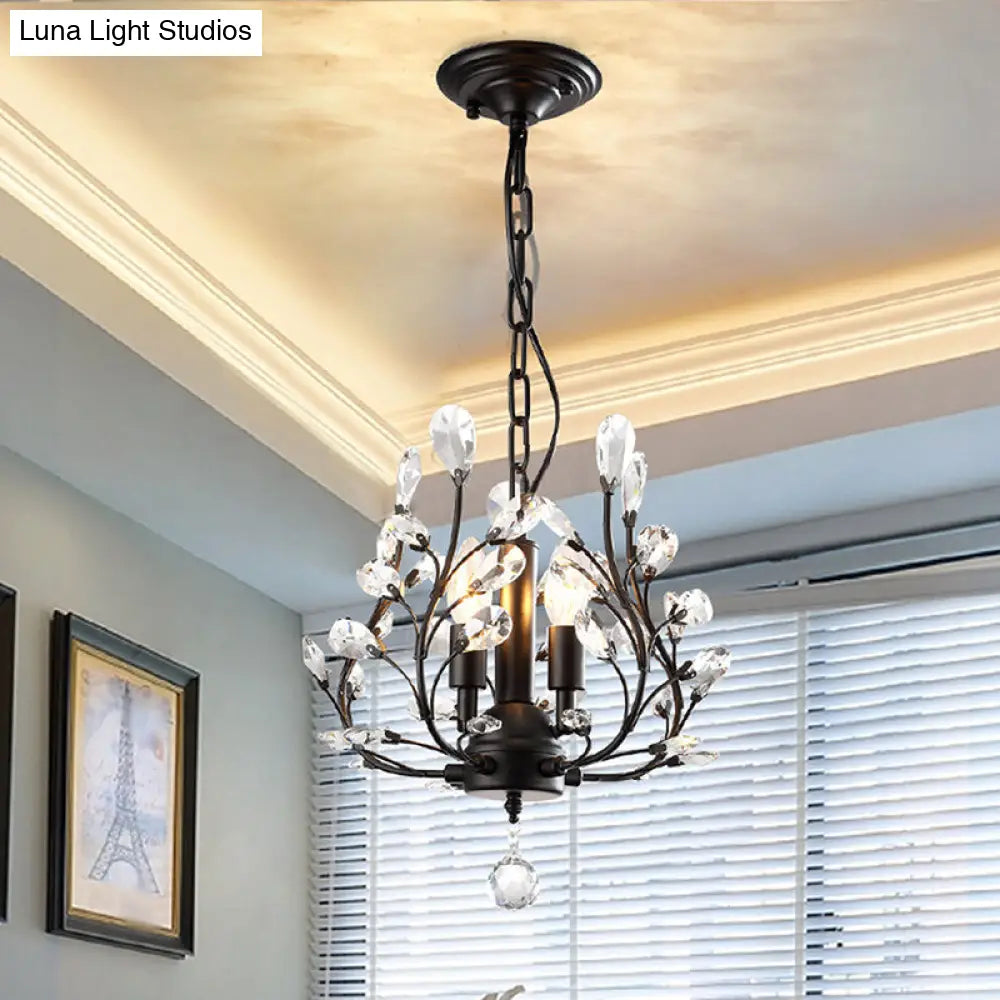 Traditional Crystal Leaves Chandelier: Elegant 3-Bulb Pendant Light For Dining Room Black