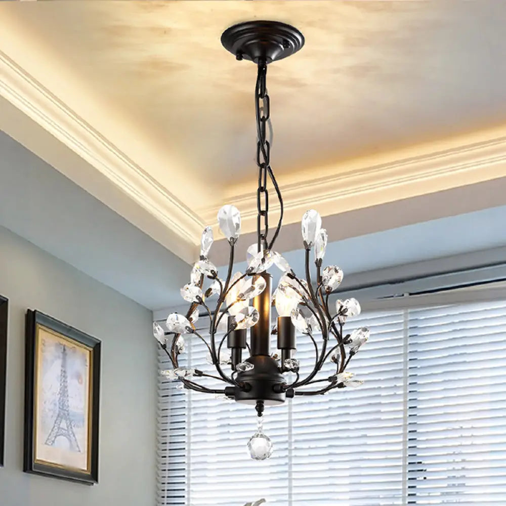 Traditional Crystal Leaf Chandelier - 3 Bulb Dining Room Pendant Light Black