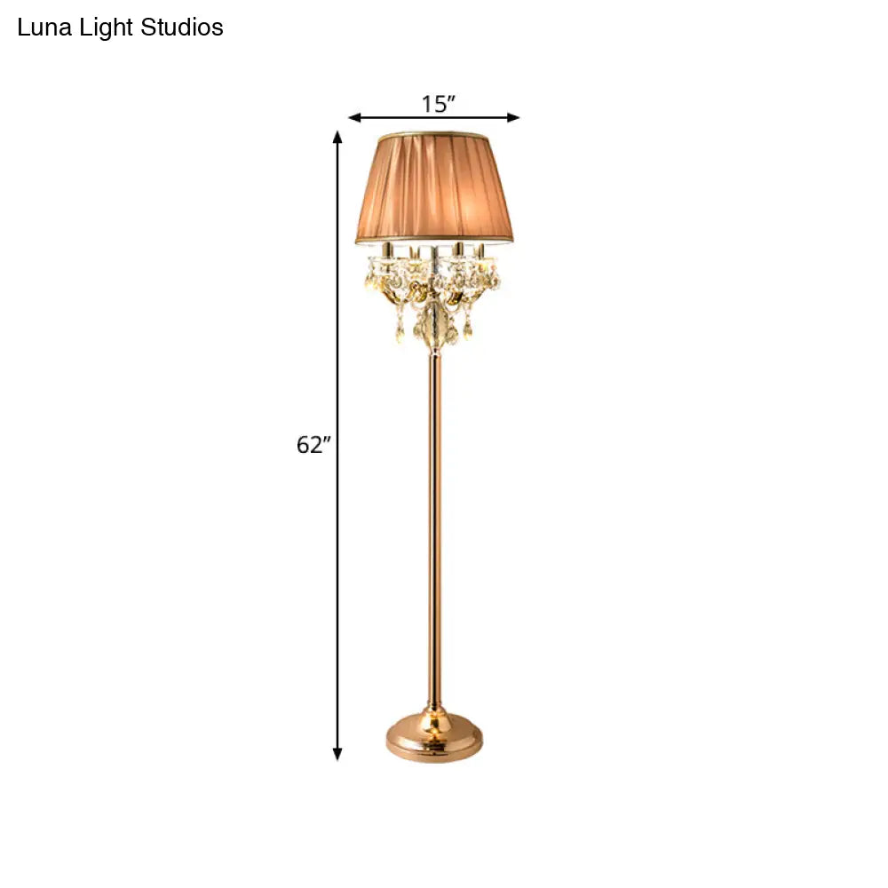 Traditional Crystal Raindrops Floor Lamp With Coffee Pleated Shade - Gold Finish