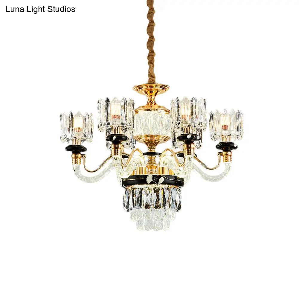 Traditional Crystal Rectangle Pendant Chandelier - Gold Circle Design With 6/8 Bulbs Ideal For