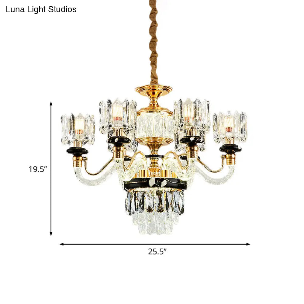 Traditional Crystal Rectangle Pendant Chandelier - Gold Circle Design With 6/8 Bulbs Ideal For