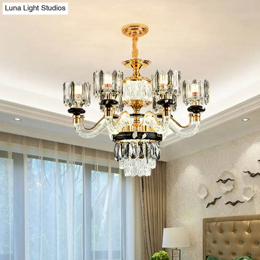 Traditional Crystal Rectangle Pendant Chandelier - Gold Circle Design With 6/8 Bulbs Ideal For