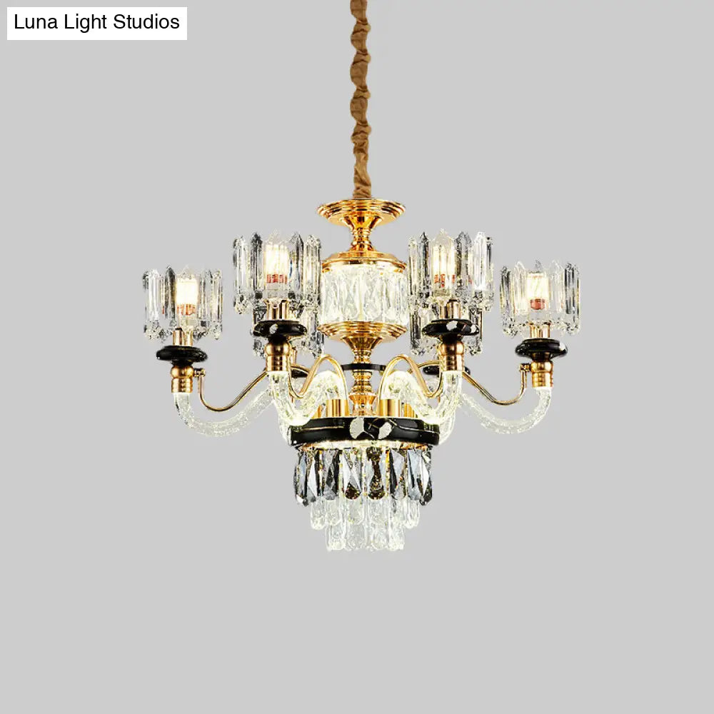 Traditional Crystal Rectangle Pendant Chandelier - Gold Circle Design With 6/8 Bulbs Ideal For