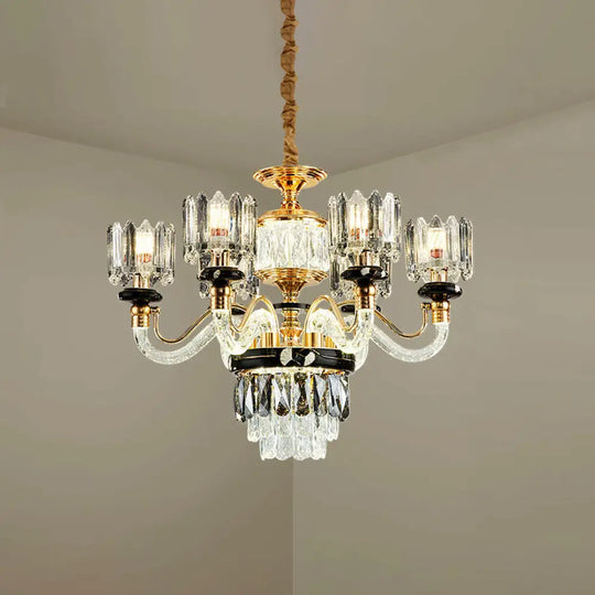 Traditional Crystal Rectangle Pendant Chandelier - Gold Circle Design With 6/8 Bulbs Ideal For