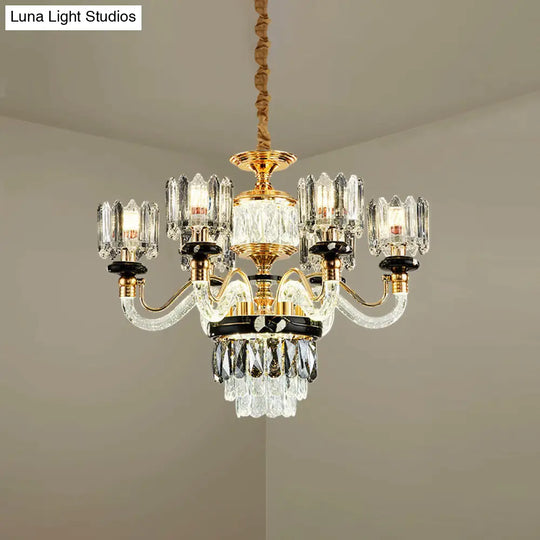 Traditional Crystal Rectangle Pendant Chandelier - Gold Circle Design With 6/8 Bulbs Ideal For