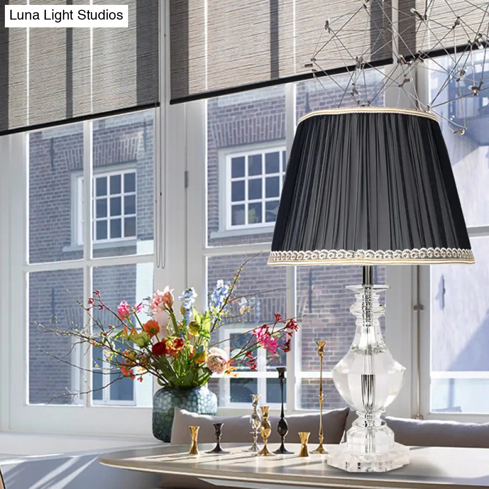 Traditional Crystal Single Light Barrel Bedroom Table Lamp In Black With Braided Trim