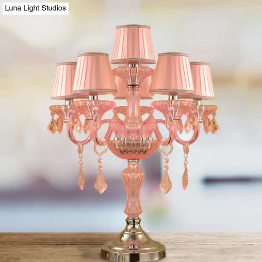 Traditional Crystal Spears Nightstand Lamp - Pink Candle Table Light With Pleated Fabric Shade And