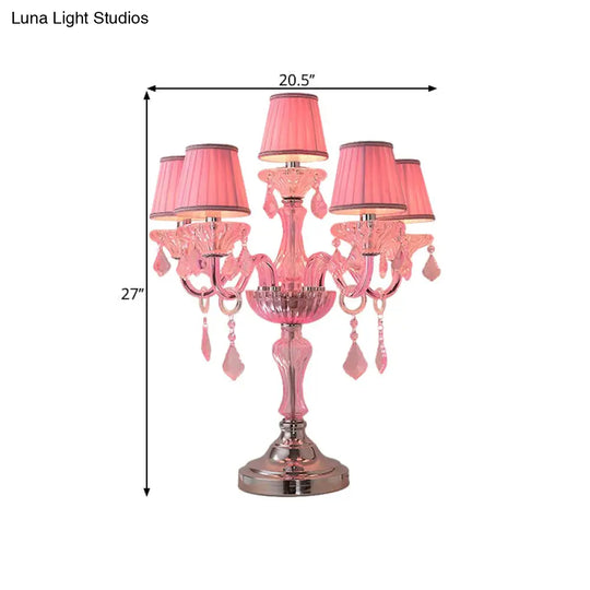 Traditional Crystal Spears Nightstand Lamp - Pink Candle Table Light With Pleated Fabric Shade And