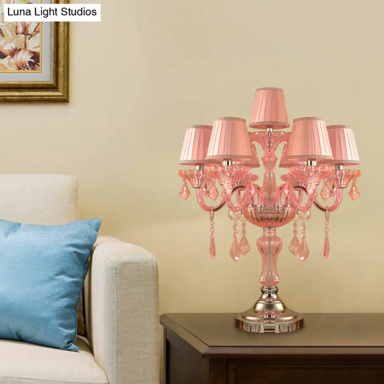 Traditional Crystal Spears Nightstand Lamp - Pink Candle Table Light With Pleated Fabric Shade And