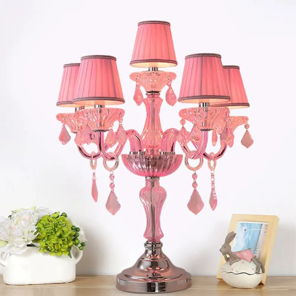 Traditional Crystal Spears Nightstand Lamp - Pink Candle Table Light With Pleated Fabric Shade And