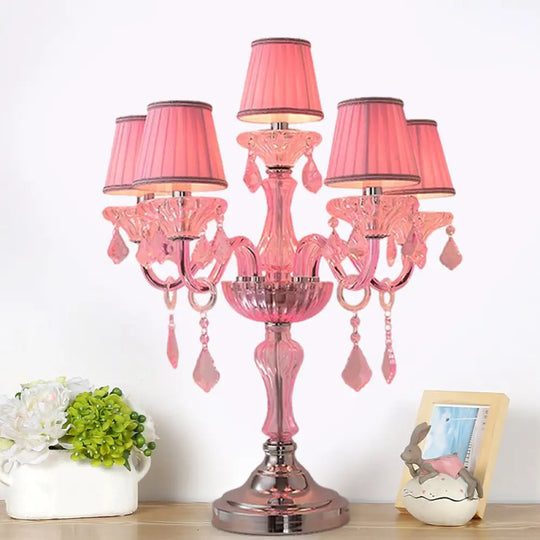 Traditional Crystal Spears Nightstand Lamp - Pink Candle Table Light With Pleated Fabric Shade And