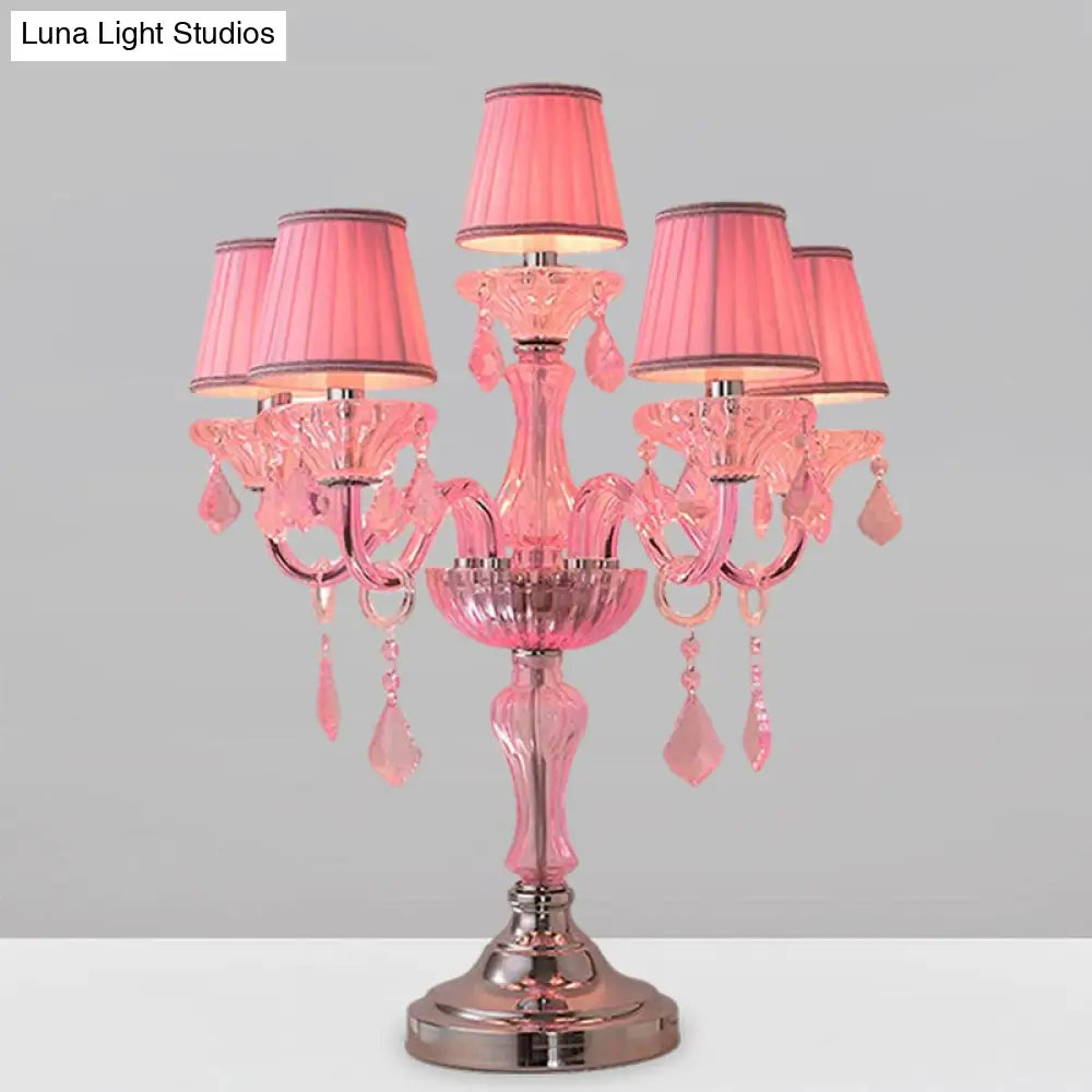 Traditional Crystal Spears Nightstand Lamp - Pink Candle Table Light With Pleated Fabric Shade And