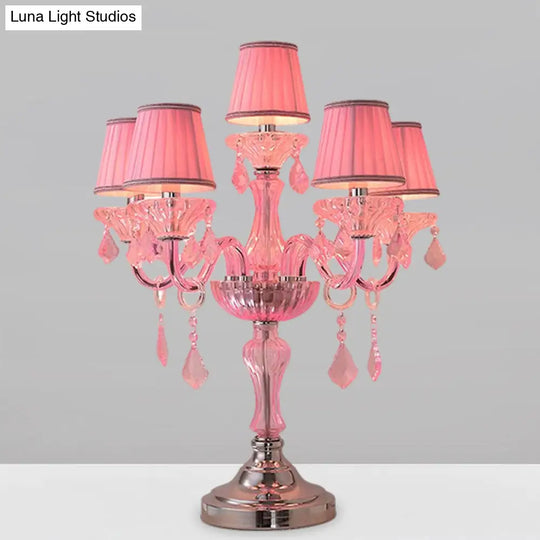 Traditional Crystal Spears Nightstand Lamp - Pink Candle Table Light With Pleated Fabric Shade And