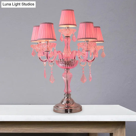 Traditional Crystal Spears Nightstand Lamp - Pink Candle Table Light With Pleated Fabric Shade And