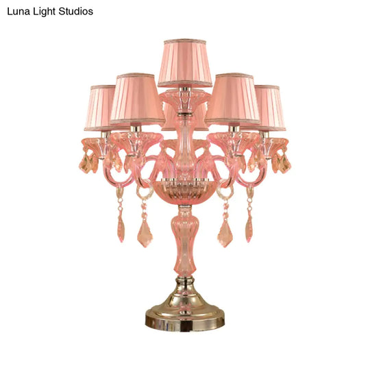 Traditional Crystal Spears Nightstand Lamp - Pink Candle Table Light With Pleated Fabric Shade And