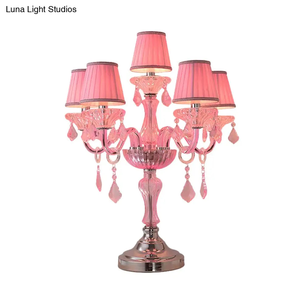 Traditional Crystal Spears Nightstand Lamp - Pink Candle Table Light With Pleated Fabric Shade And