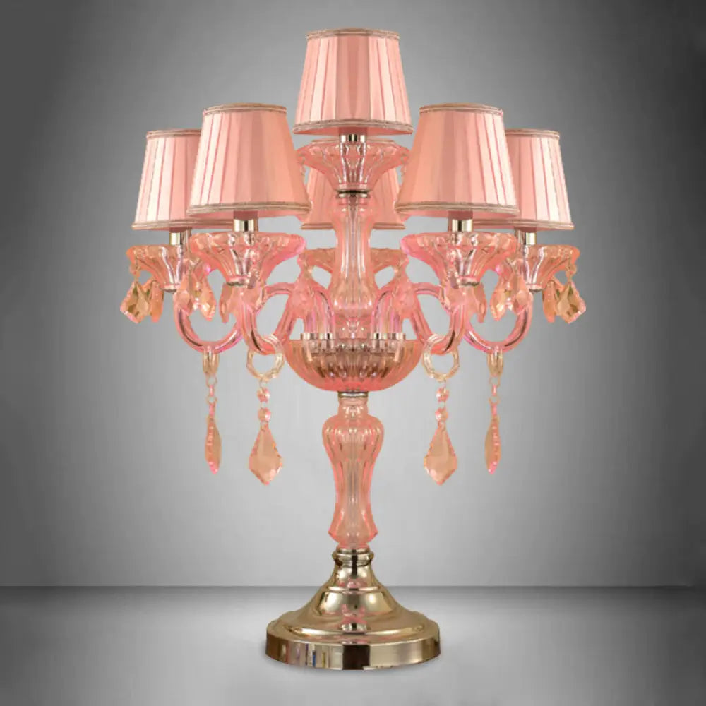 Traditional Crystal Spears Nightstand Lamp - Pink Candle Table Light With Pleated Fabric Shade And