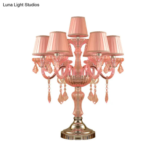 Traditional Crystal Spears Nightstand Lamp - Pink Candle Table Light With Pleated Fabric Shade And