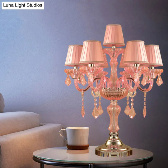 Traditional Crystal Spears Nightstand Lamp - Pink Candle Table Light With Pleated Fabric Shade And