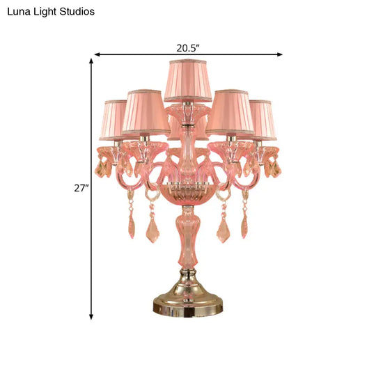 Traditional Crystal Spears Nightstand Lamp - Pink Candle Table Light With Pleated Fabric Shade And