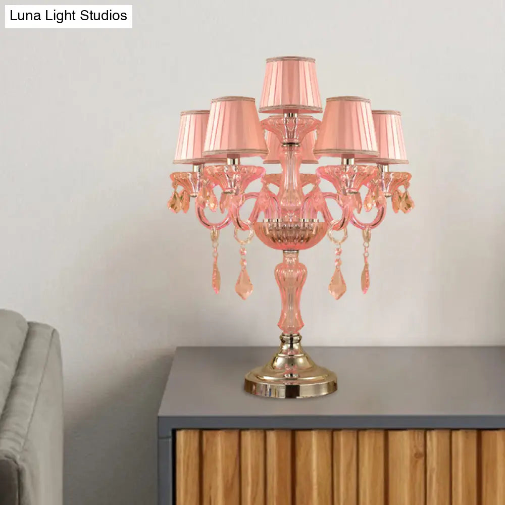 Traditional Crystal Spears Nightstand Lamp - Pink Candle Table Light With Pleated Fabric Shade And