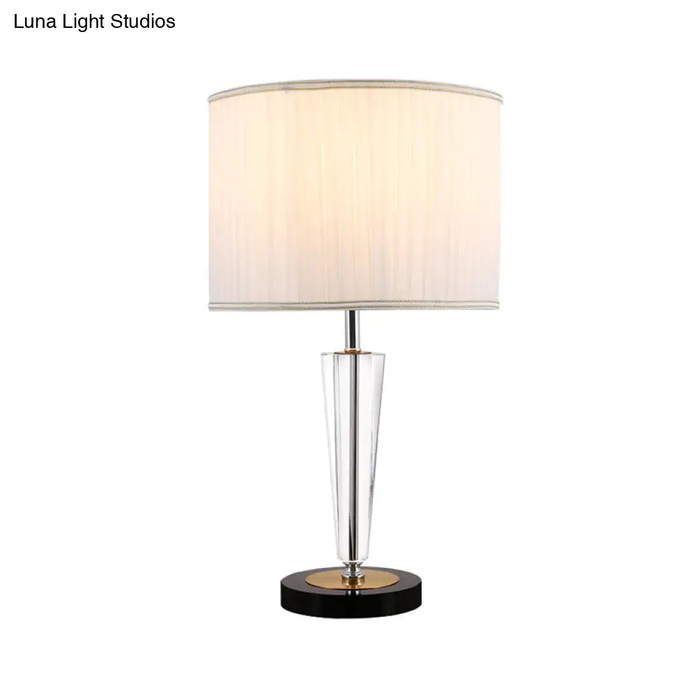 Traditional Crystal Table Lamp - Round Great Room Accent With Pleated Fabric Drum Shade White