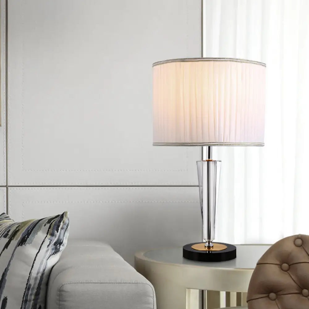 Traditional Crystal Table Lamp - Round Great Room Accent With Pleated Fabric Drum Shade White