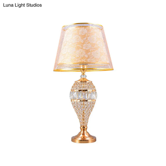 Traditional Crystal Teardrop Table Lamp With Patterned Fabric Shade - Gold Finish