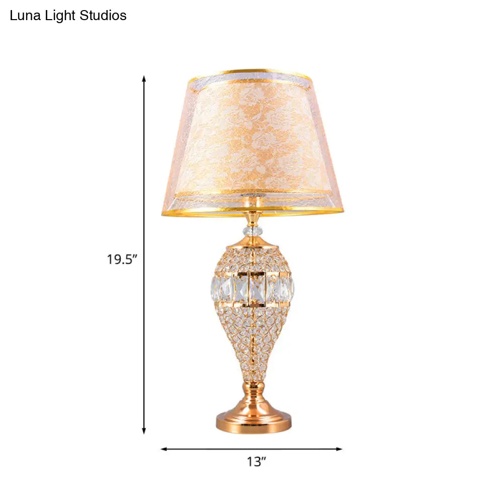 Traditional Crystal Teardrop Table Lamp With Patterned Fabric Shade - Gold Finish