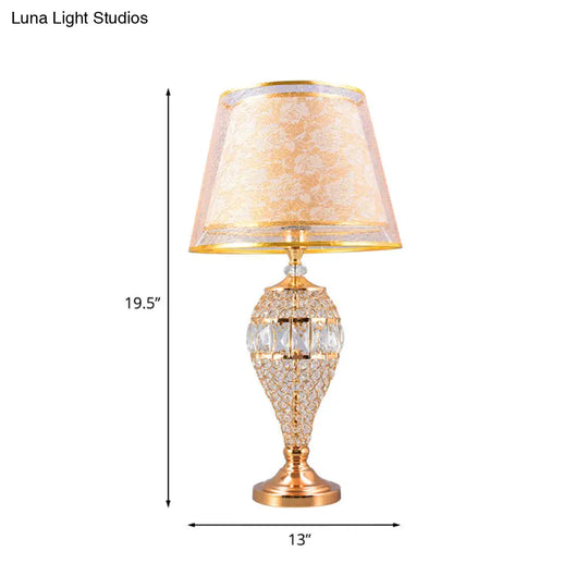 Traditional Crystal Teardrop Table Lamp With Patterned Fabric Shade - Gold Finish