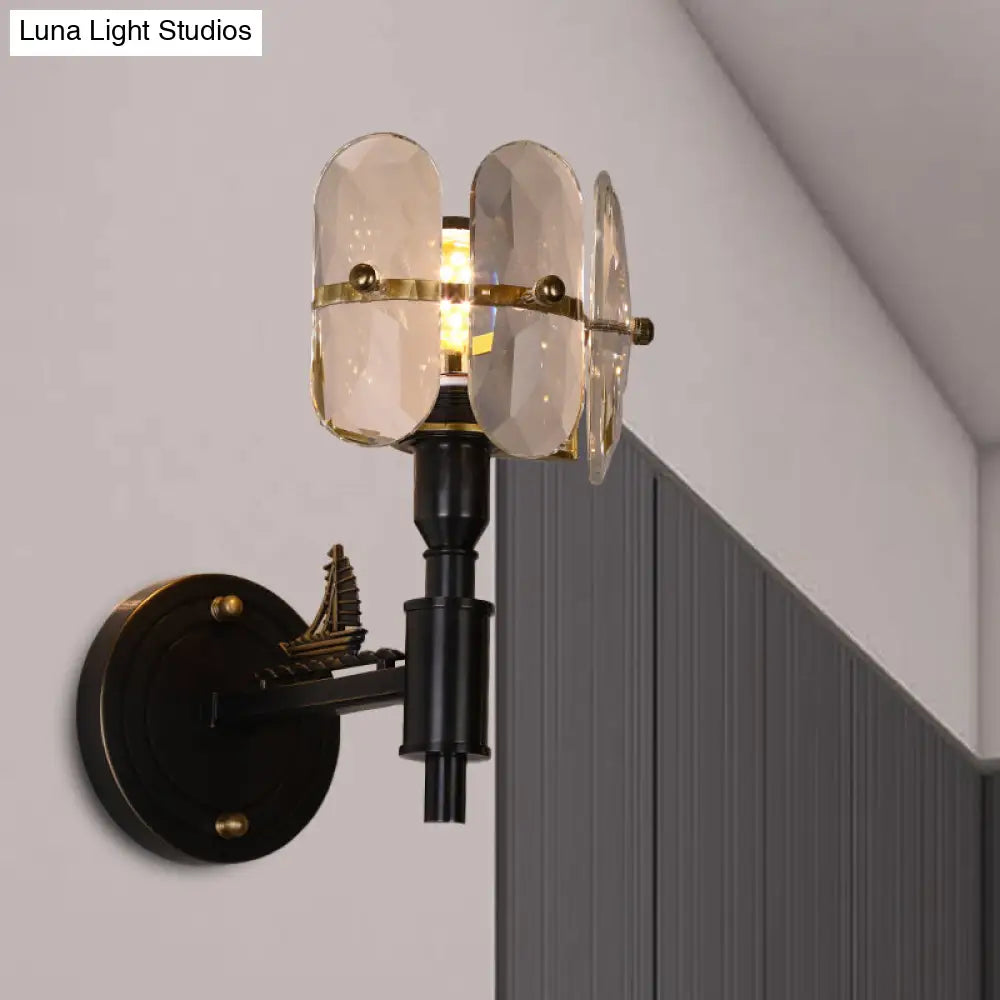 Traditional Crystal Wall Sconce With Led Lighting For Bedroom Drum - Clear Glass Black 1/2 Heads