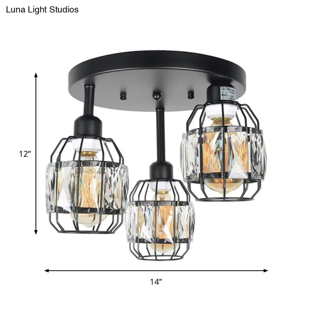 Traditional Cup Shape Iron Frame Ceiling Lamp With Crystal Accent - 3 - Light Semi Flushmount In