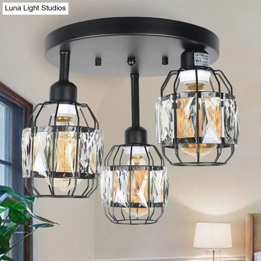 Traditional Cup Shape Iron Frame Ceiling Lamp With Crystal Accent - 3-Light Semi Flushmount In Black