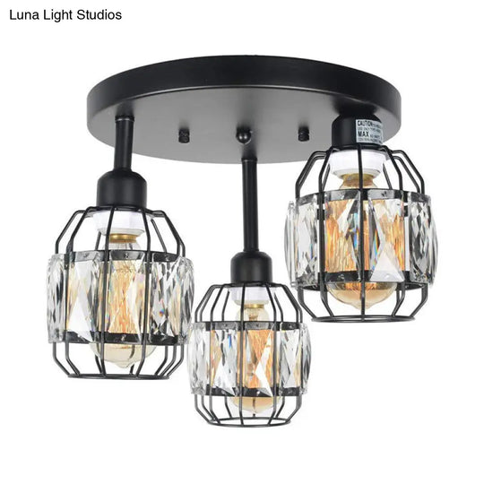 Traditional Cup Shape Iron Frame Ceiling Lamp With Crystal Accent - 3-Light Semi Flushmount In Black